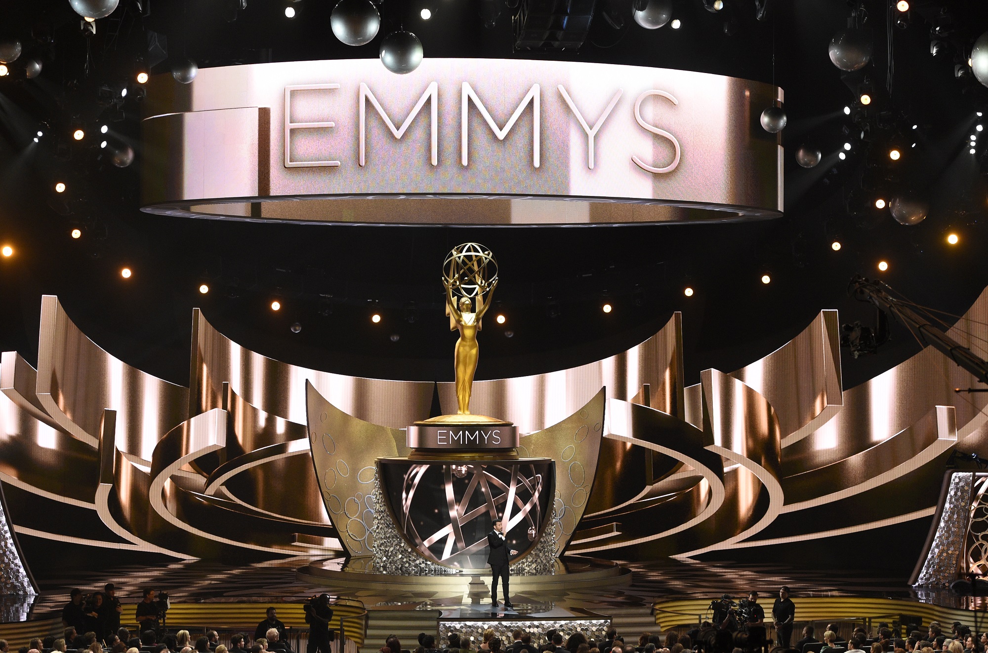 Host Jimmy Kimmel speaks at the 68th Primetime Emmy Awards on Sunday, Sept. 18, 2016, at the Microsoft Theater in Los Angeles. (Photo by Chris Pizzello/Invision/AP)