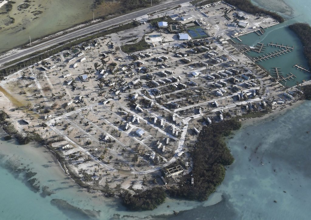 Overturned trailer homes are shown in the aftermath of Hurricane Irma, Monday, Sept. 11, 2017, in the Florida Keys. (Matt McClain/The Washington Post via AP, Pool)