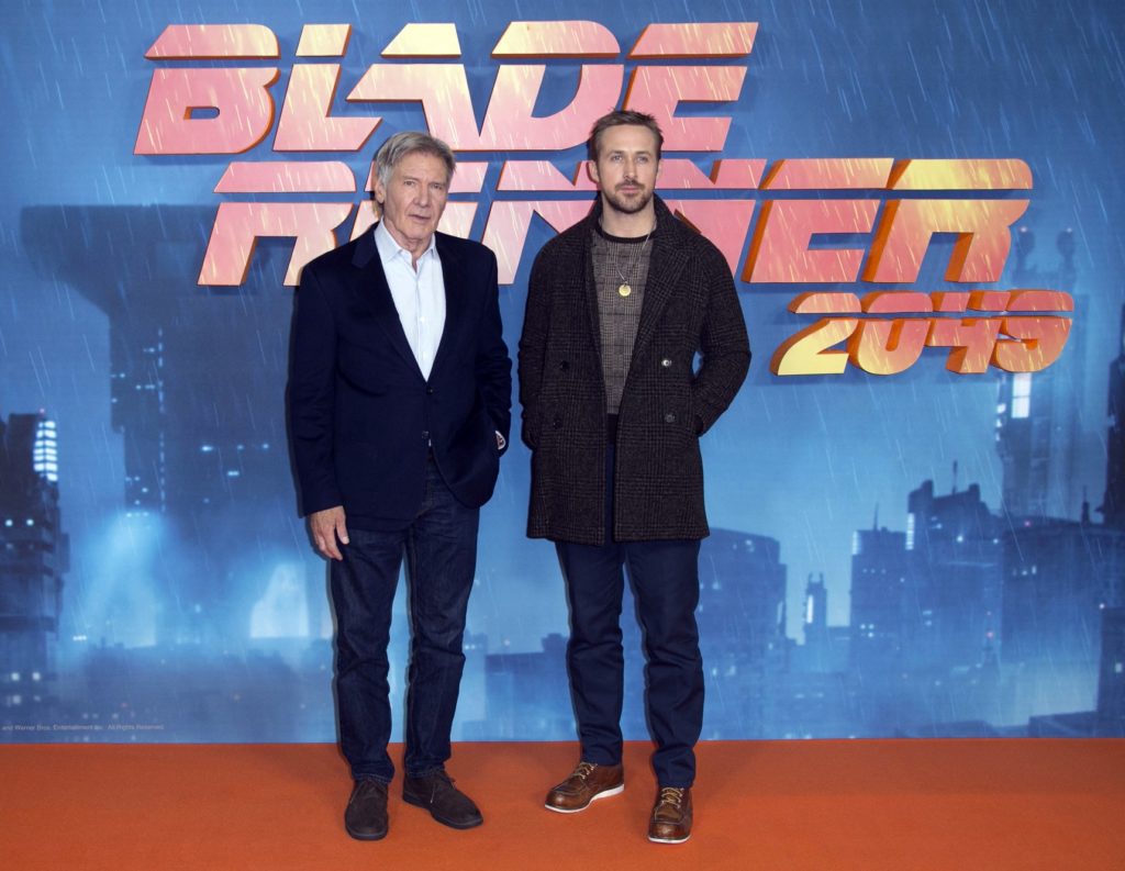 Actors Harrison Ford, left, and Ryan Gosling pose for photographers during the photo call for 'Blade Runner 2049' in London, Thursday, Sept. 21, 2017. (Photo by Joel Ryan/Invision/AP)