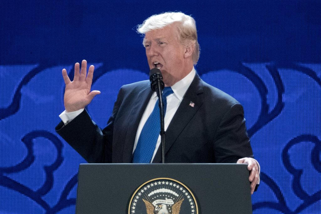 U.S. President Donald Trump speaks at the Asia-Pacific Economic Cooperation (APEC) CEO Summit at the Aryana Convention Center in Danang, Vietnam, Friday, Nov. 10, 2017. (AP Photo/Mark Schiefelbein)