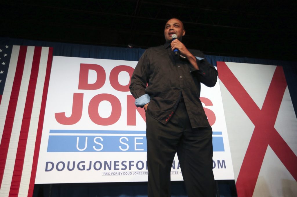 Former NBA player Charles Barkley speaks during a rally for Democratic candidate for U.S. Senate Doug Jones, Monday, Dec. 11, 2017, in Birmingham, Ala. Jones is facing Republican Roy Moore. (AP Photo/John Bazemore)
