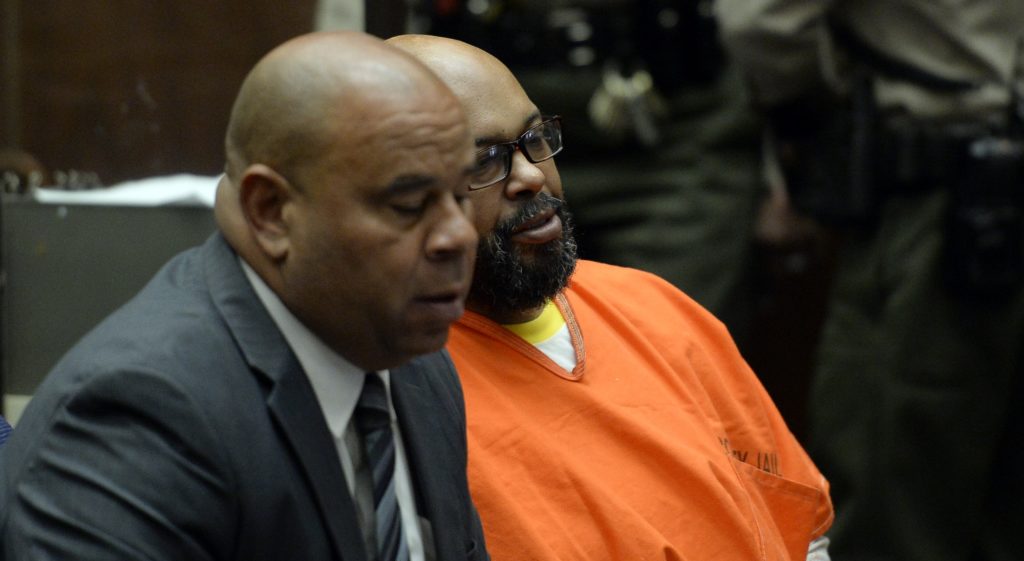 Marion Suge Knight sits with his attorney Matthew Fletcher in court during his arraignment on murder charges in Los Angeles Thursday, April 30, 2015. Los Angeles Superior Court Judge Ronald Coen set a July 7, 2015 trial date for the murder case against Knight that was filed after the former rap music mogul ran over two men earlier this year. Knight pleaded not guilty to murder, attempted murder and hit-and-run charges filed after he killed one man and seriously injured another with his pickup outside a Compton, Calif., burger stand in January.(Kevork Djansezian/Pool Photo via AP)