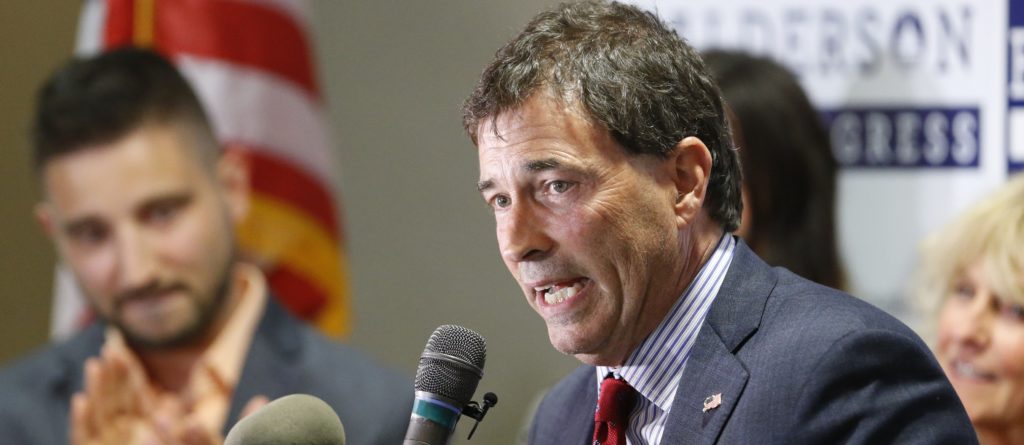 Troy Balderson, Republican candidate for Ohio's 12th Congressional District, speaks to a crowd of supporters during an election night party Tuesday, Aug. 7, 2018, in Newark, Ohio. (AP Photo/Jay LaPrete)