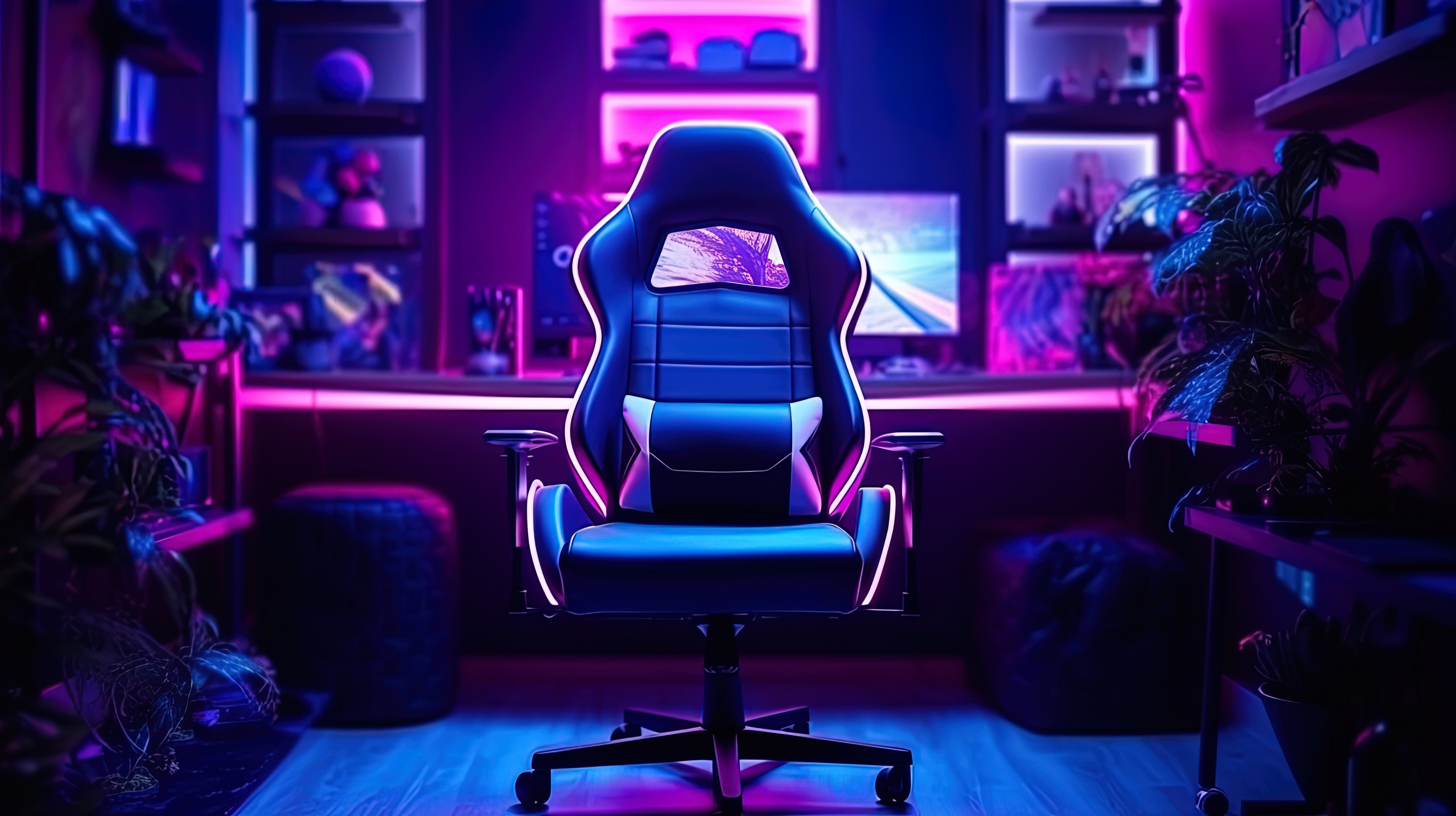 Gaming chair with a neon studio background
