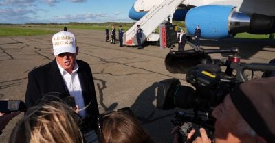 Donald Trump speaks with reporters on the tarmac at Morristown Municipal Airport after returning from the Vatican, addressing Ukraine, Crimea, and calls for peace with Russia