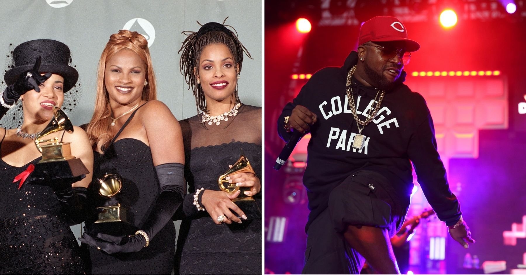 Salt-N-Pepa holding Grammy Awards and OutKast’s Big Boi performing on stage, celebrating their 2025 Rock & Roll Hall of Fame induction