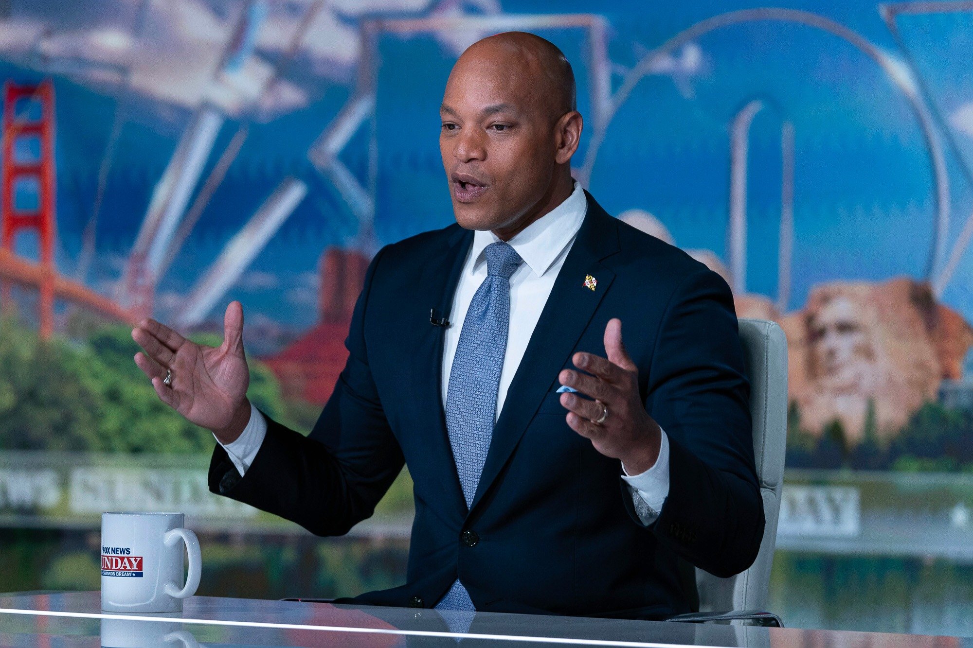 Maryland Gov. Wes Moore speaks during a televised interview on Fox News.