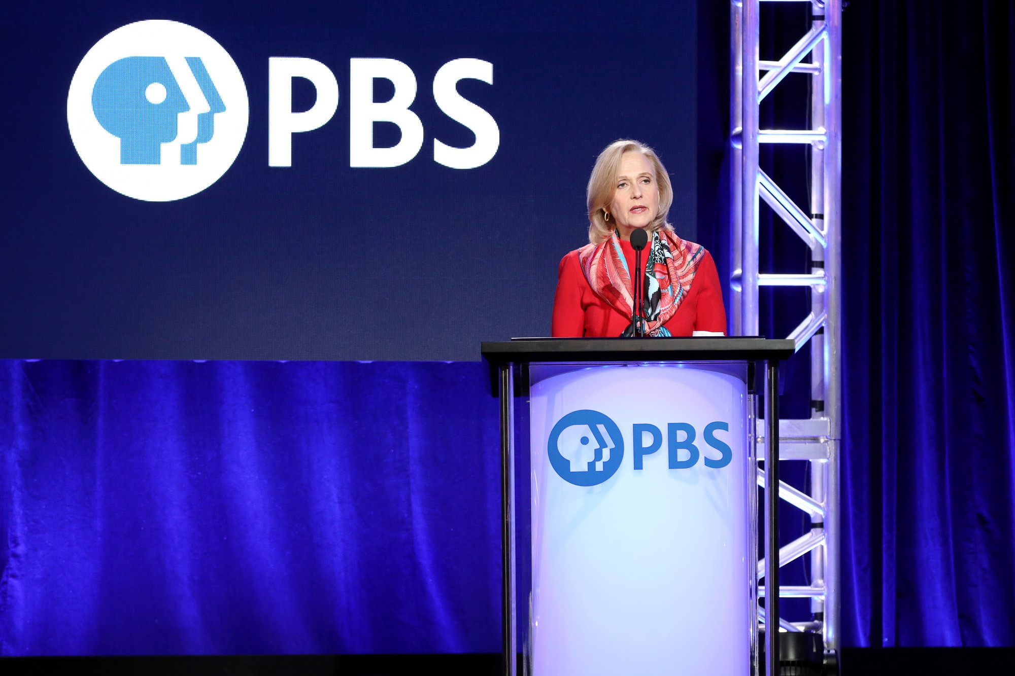 PBS President Paula Kerger speaks during a press event as PBS faces federal funding cuts under President Trump’s new executive order.