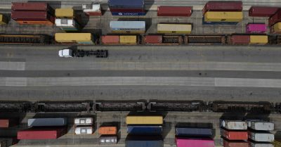 Shipping containers lined up at CSX Queensgate Rail Yard in Cincinnati.
