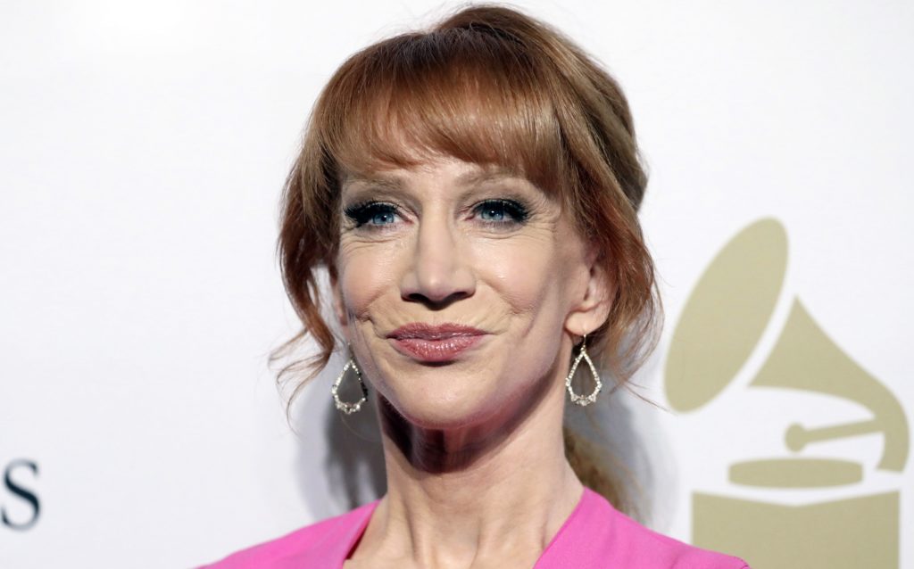 FILE - In this Feb. 11, 2017 file photo, comedian Kathy Griffin attends the Clive Davis and The Recording Academy Pre-Grammy Gala in Beverly Hills, Calif. Griffin says she knew her new photo shoot with photographer Tyler Shields would “make noise.” She appears in a photo posted online Tuesday, May 30, 2017, holding what looks like President Donald Trump’s bloody, severed head. Many on Twitter called for the comedian to be jailed. Griffin told photographer Shields in a video on his Twitter page Tuesday that they will have to move to Mexico to avoid federal prison for their latest collaboration. (Photo by Rich Fury/Invision/AP, File)