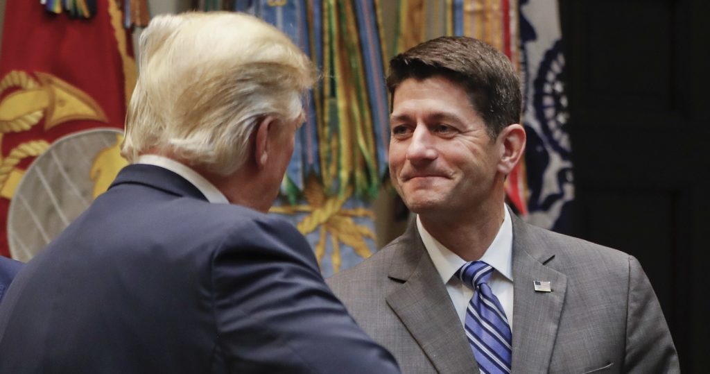 President Donald Trump, left, shakes hands with House Speaker Paul Ryan of Wis., right, during a meeting with House and Senate Leadership in the Roosevelt Room of the White House in Washington, Tuesday, June 6, 2017. (AP Photo/Pablo Martinez Monsivais)