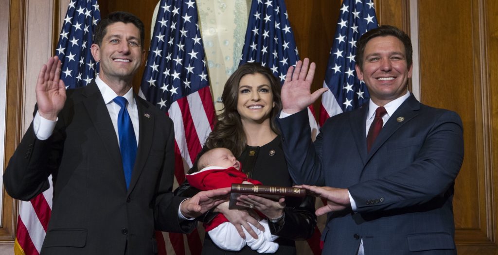 House Speaker Paul Ryan of Wis. administers the House oath of office to Rep. Ron DeSantis, R-Fla., during a mock swearing in ceremony on Capitol Hill in Washington, Tuesday, Jan. 3, 2017. ( AP Photo/Jose Luis Magana)