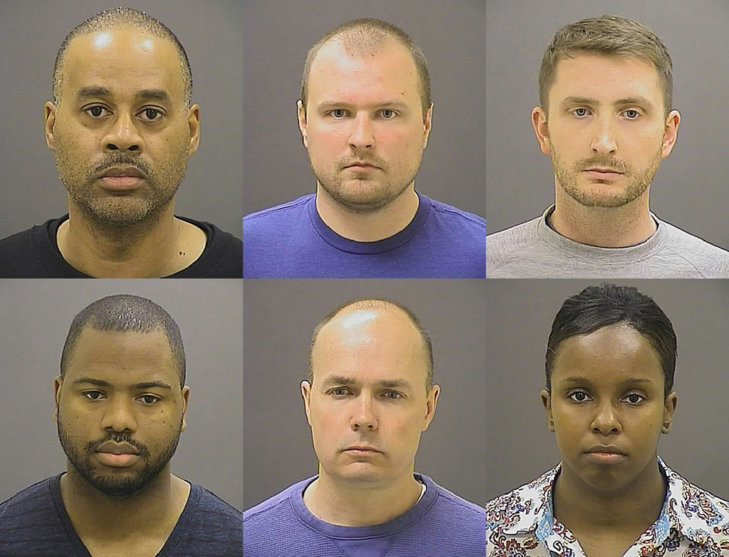 FILE - This May 1, 2015, file photo provided by the Baltimore Police Department shows, top row from left, Caesar R. Goodson Jr., Garrett E. Miller and Edward M. Nero, and bottom row from left, William G. Porter, Brian W. Rice and Alicia D. White, the six police officers charged with felonies ranging from assault to murder in the death of Freddie Gray. Baltimore prosecutors on Monday, Feb. 8, 2016, asked a judge to delay the trials of Rice, Miller and Nero, who are charged with assault, misconduct and reckless endangerment. Rice is also charged with manslaughter. (Baltimore Police Department via AP, File)