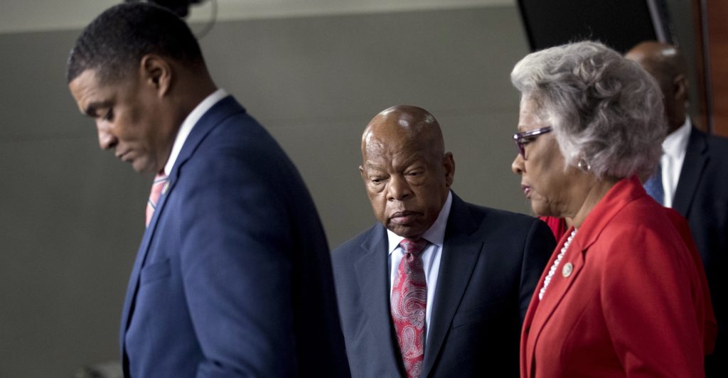 From left, Congressional Black Caucus Chairman Rep. Cedric Richmond, D-La., Rep. John Lewis, D-Ga., and Rep. Joyce Beatty, D-Ohio, arrive for a Congressional Tri-Caucus news conference on Capitol Hill in Washington, Wednesday, Sept. 27, 2017, on injustice and inequality in America. The Congressional Tri-Caucus is comprised of the Congressional Black Caucus, Congressional Hispanic Caucus and the Congressional Asian Pacific American Caucus. (AP Photo/Andrew Harnik)