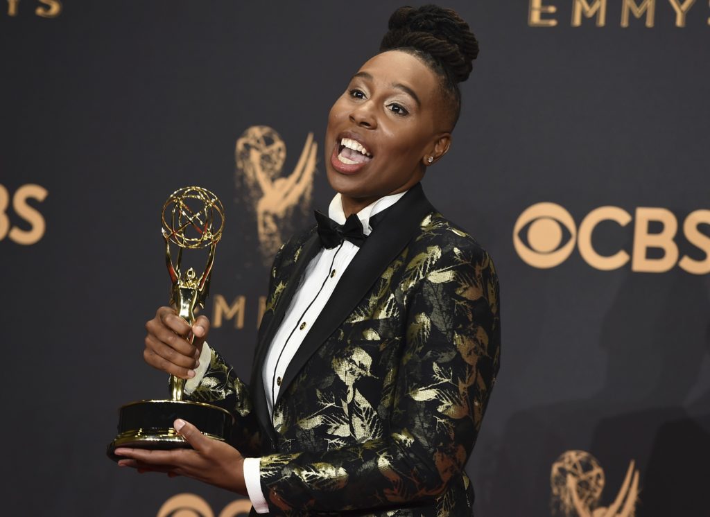 Lena Waithe poses in the press room with the award for outstanding writing for a comedy series for the "Master of None" episode "Thanksgiving" at the 69th Primetime Emmy Awards on Sunday, Sept. 17, 2017, at the Microsoft Theater in Los Angeles. (Photo by Jordan Strauss/Invision/AP)