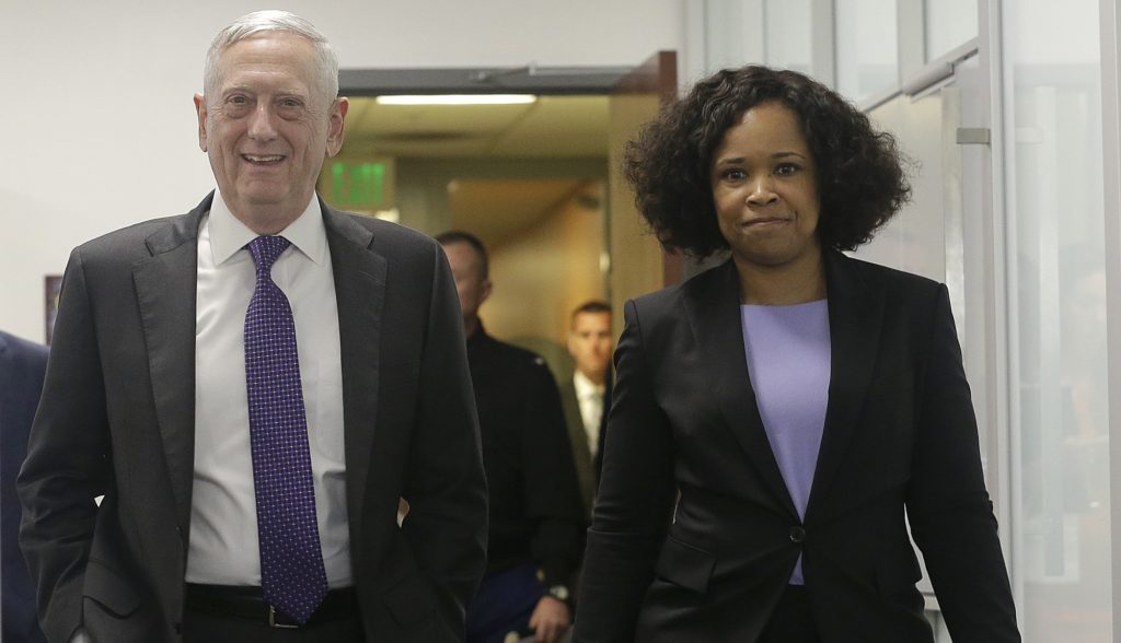 Secretary of Defense Jim Mattis, left, walks with Dana White, the Assistant to the Secretary of Defense for Public Affairs, before speaking at the Defense Innovation Unit Experimental in Mountain View, Calif., Thursday, Aug. 10, 2017. Not backing down, President Donald Trump warned Kim Jong Un's government on Thursday to "get their act together" or face extraordinary trouble, and suggested his earlier threat to unleash "fire and fury" on North Korea was too mild. (AP Photo/Jeff Chiu)