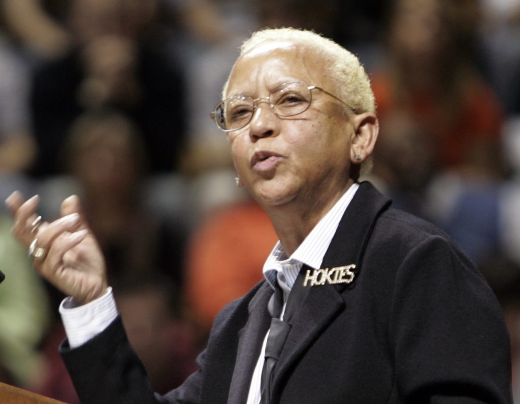Virginia Tech English Professor, Nikki Giovanni, speaks during closing remarks at a convocation to honor the victims of a shooting rampage at Virginia Tech in Blacksburg, Va., Tuesday, April 17, 2007. (AP Photo/Steve Helber)