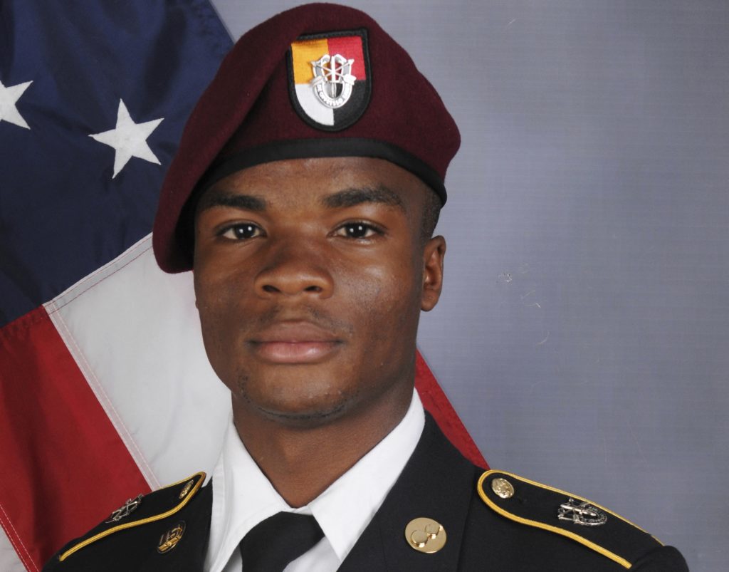 This photo provided by the U.S. Army Special Operations Command shows Sgt. La David Johnson, who was killed in an ambush in Niger. President Donald Trump told Johnson's widow, Myeshia Johnson, that her husband "knew what he signed up for," according to Rep. Frederica Wilson, who said she heard part of the conversation on speakerphone. In a Wednesday morning tweet, Trump said Wilson's description of the call was "fabricated." (U.S. Army Special Operations Command via AP)