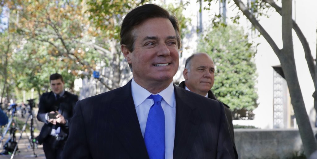 Paul Manafort leaves Federal District Court in Washington, Monday, Oct. 30, 2017. Manafort, President Donald Trump's former campaign chairman, and Manafort's business associate Rick Gates have pleaded not guilty to felony charges of conspiracy against the United States and other counts. (AP Photo/Alex Brandon)