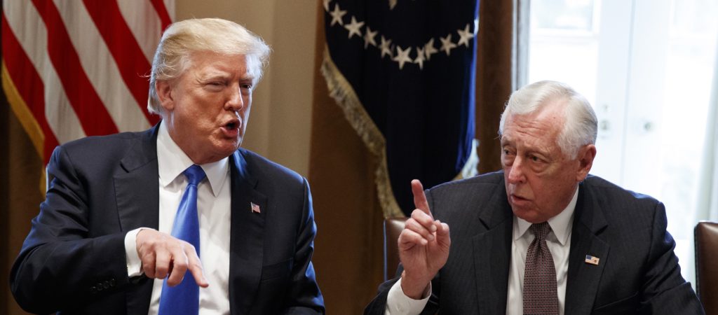 President Donald Trump speaks with Rep. Steny Hoyer, D-Md., during a meeting with lawmakers on immigration policy, Tuesday, Jan. 9, 2018, in Washington. (AP Photo/Evan Vucci)
