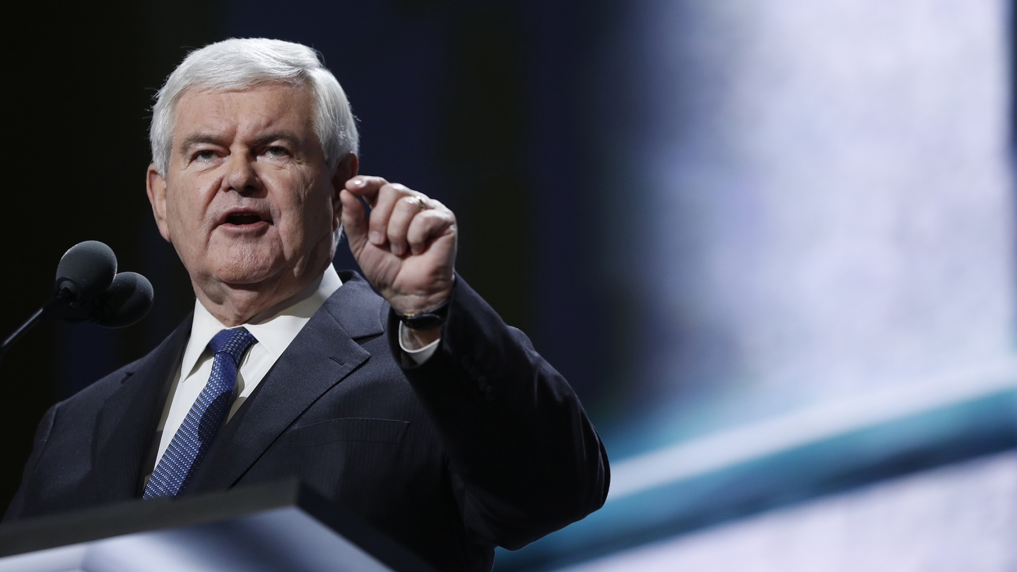 Former Speaker of the House Newt Gingrich speaks during the third day session of the Republican National Convention in Cleveland, Wednesday, July 20, 2016. (AP Photo/Mary Altaffer)