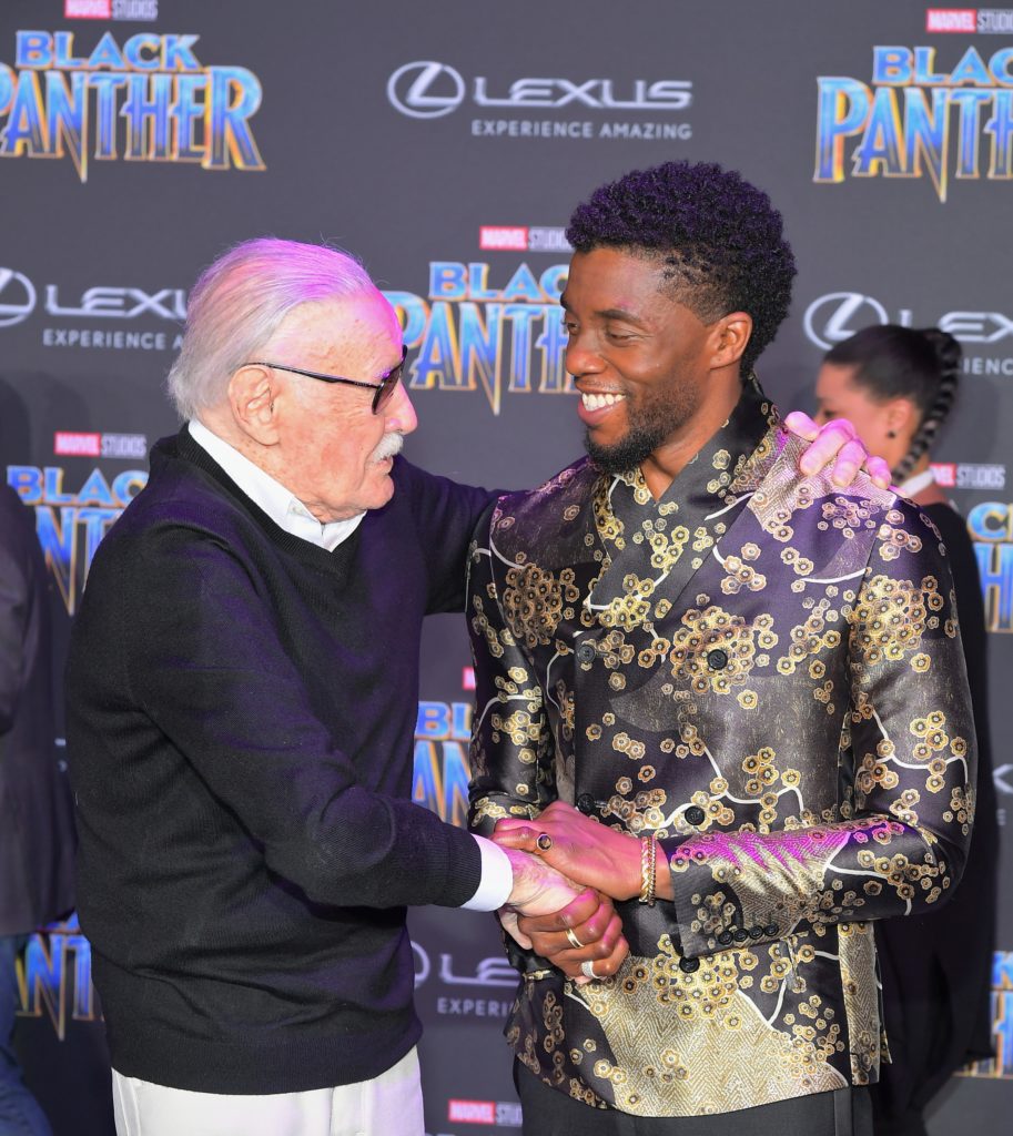 LOS ANGELES, CA - JANUARY 29: Stan Lee (L) and Chadwick Boseman arrive for the World Premiere of Marvel Studios Black Panther, presented by Lexus, at Dolby Theatre in Hollywood on January 29th. (Photo by Charley Gallay/Getty Images for Lexus )