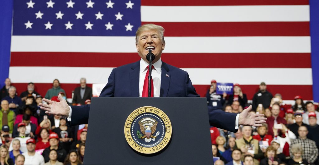 President Donald Trump speaks at a campaign rally at Atlantic Aviation in Moon Township, Pa., Saturday, March 10, 2018. (AP Photo/Carolyn Kaster)