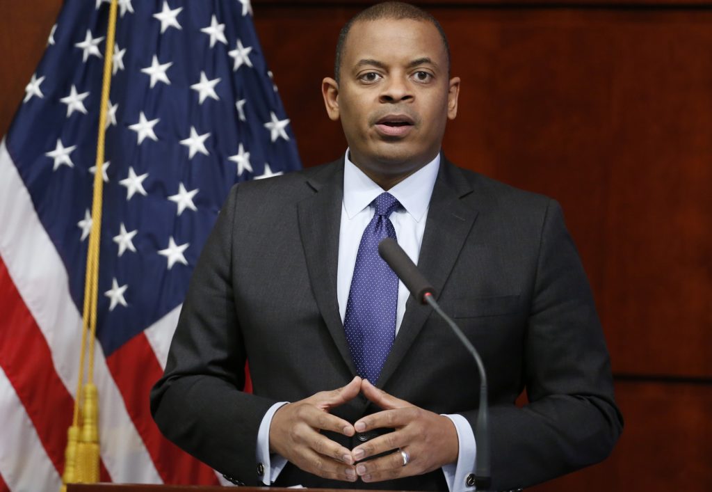 Transportation Secretary Anthony Foxx pauses while speaking during a news conference about Takata air bags, Tuesday, Nov. 3, 2015, at the Transportation Department in Washington. U.S. auto safety regulators fined Takata Corp. of Japan $70 million for lapses in the way it handled recalls of millions of explosion-prone air bags that are responsible for eight deaths and more than 100 injuries worldwide. (AP Photo/Alex Brandon)