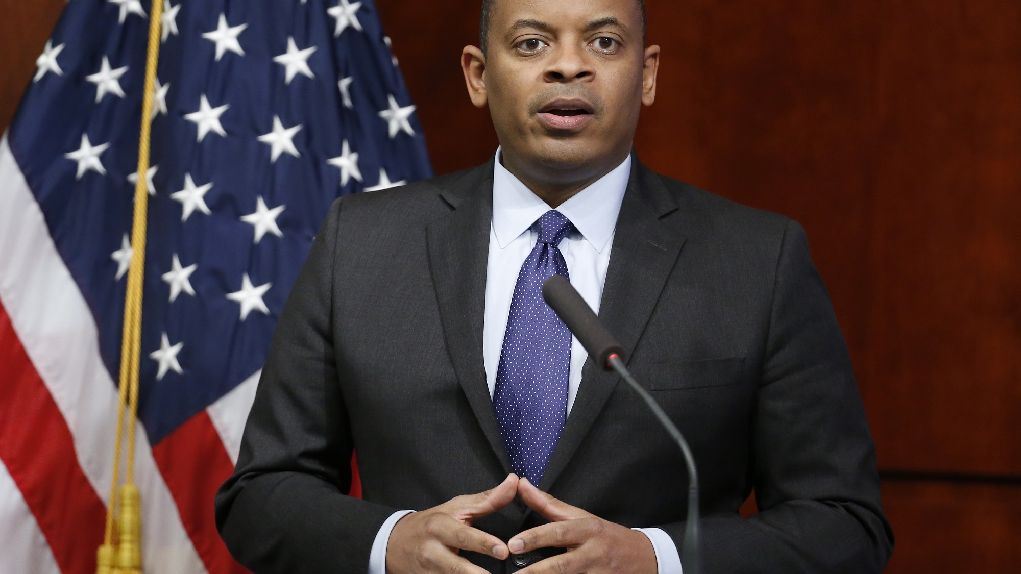 Transportation Secretary Anthony Foxx pauses while speaking during a news conference about Takata air bags, Tuesday, Nov. 3, 2015, at the Transportation Department in Washington. U.S. auto safety regulators fined Takata Corp. of Japan $70 million for lapses in the way it handled recalls of millions of explosion-prone air bags that are responsible for eight deaths and more than 100 injuries worldwide. (AP Photo/Alex Brandon)