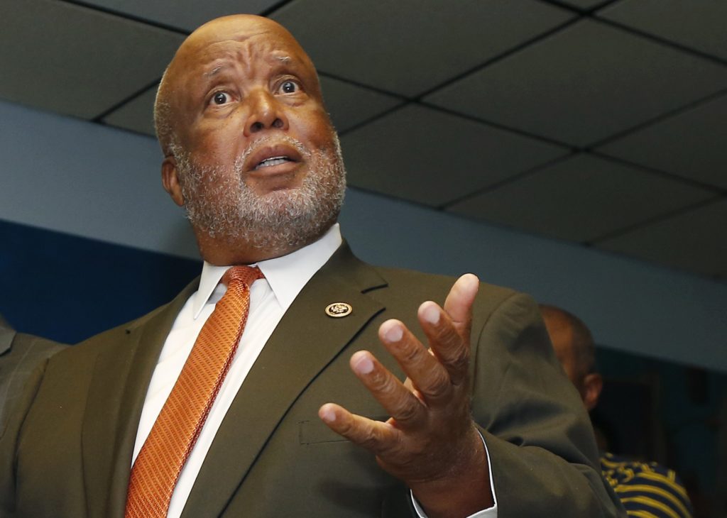U.S. Rep. Bennie Thompson, D-Miss., comments on the Jackson, Miss., campaign visit of GOP presidential candidate Donald Trump, Wednesday, Aug. 24, 2016, at NAACP state headquarters in Jackson. Thompson spoke about the candidate's divisive rhetoric degrading people of color and demeaning attitude towards women, and cited some of Trump's previous comments critical about them. (AP Photo/Rogelio V. Solis)