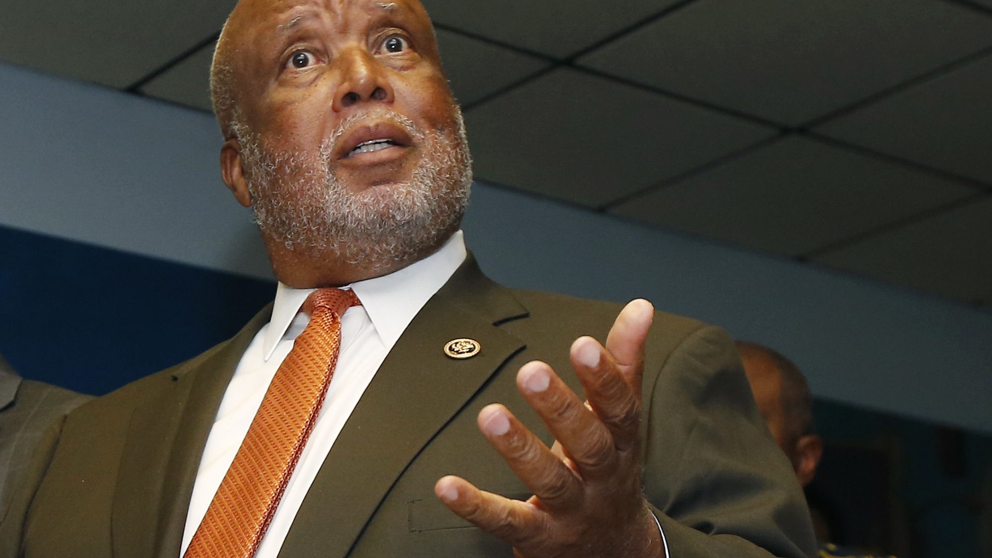 U.S. Rep. Bennie Thompson, D-Miss., comments on the Jackson, Miss., campaign visit of GOP presidential candidate Donald Trump, Wednesday, Aug. 24, 2016, at NAACP state headquarters in Jackson. Thompson spoke about the candidate's divisive rhetoric degrading people of color and demeaning attitude towards women, and cited some of Trump's previous comments critical about them. (AP Photo/Rogelio V. Solis)