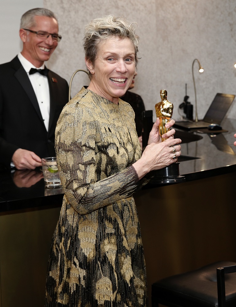 Frances McDormand, winner of the award for best performance by an actress in a leading role for "Three Billboards Outside Ebbing, Missouri", attends the Governors Ball after the Oscars on Sunday, March 4, 2018, at the Dolby Theatre in Los Angeles. (Photo by Eric Jamison/Invision/AP)