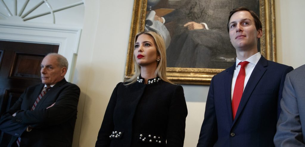 White House Chief of Staff John Kelly, left, Ivanka Trump, and White House senior adviser Jared Kushner listen as President Donald Trump speaks during a cabinet meeting at the White House, Thursday, March 8, 2018, in Washington. (AP Photo/Evan Vucci)