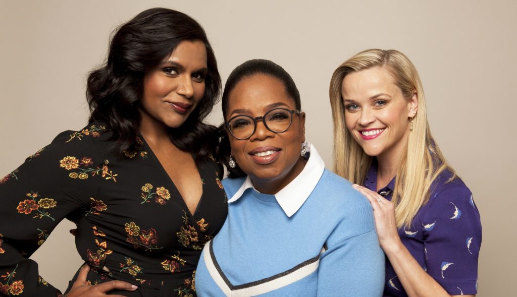 In this Feb. 25, 2018 photo, actors Mindy Kaling from left, Oprah Winfrey and Reese Witherspoon pose for a portrait at The W Hotel in Los Angeles to promote their film, "A Wrinkle in Time" . (Photo by Rebecca Cabage/Invision/AP)