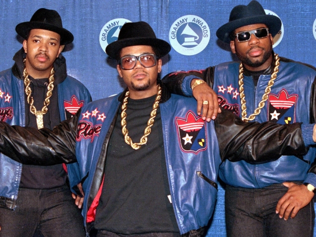 The rap group Run DMC poses at the 31st annual Grammy Awards in New York City on March 2, 1988. From left, Joseph "Run" Simmons, Darryl "DMC" McDaniels, and Jason Mizell "Jam Master Jay." (AP Photo/Mark Lennihan)
