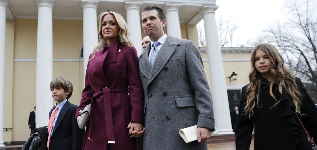 Donal Trump Jr., wife Vanessa Trump, and their children Donald Trump III, left, and Kai Trump, right, walk out together after attending church service at St. John's Episcopal Church across from the White House in Washington, Friday, Jan. 20, 2017. (AP Photo/Pablo Martinez Monsivais)