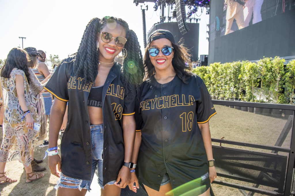 Destini Texada, left, and Tia Jackson, of Houston, wear Beyonce jerseys during the Coachella Music & Arts Festival at the Empire Polo Club on Saturday, April 14, 2018, in Indio, Calif. (Photo by Amy Harris/Invision/AP)