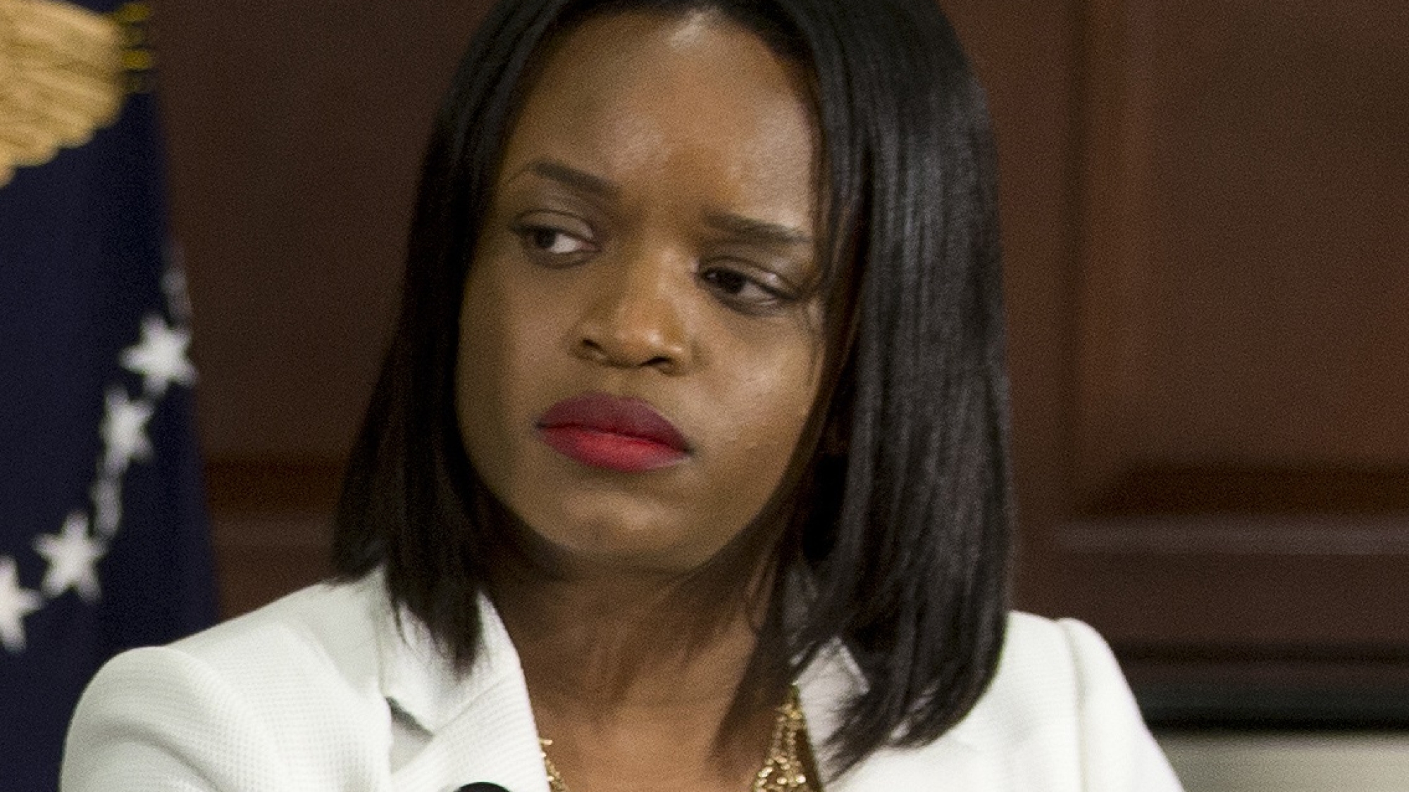 FILE – In this July 13, 2016 file photo, Brittany Packnett, of the President's Task Force on 21st Century Policing, participates in a meeting about community policing and criminal justice with President Barack Obama and activists, civil rights, faith, law enforcement and elected leaders at the Eisenhower Executive Office Building on the White House complex in Washington. A pair of testy exchanges between high-profile black women and white men in the political spotlight Tuesday, March 28, 2017, launched a tweetstorm under the hashtag BlackWomenAtWork. (AP Photo/Carolyn Kaster, File)