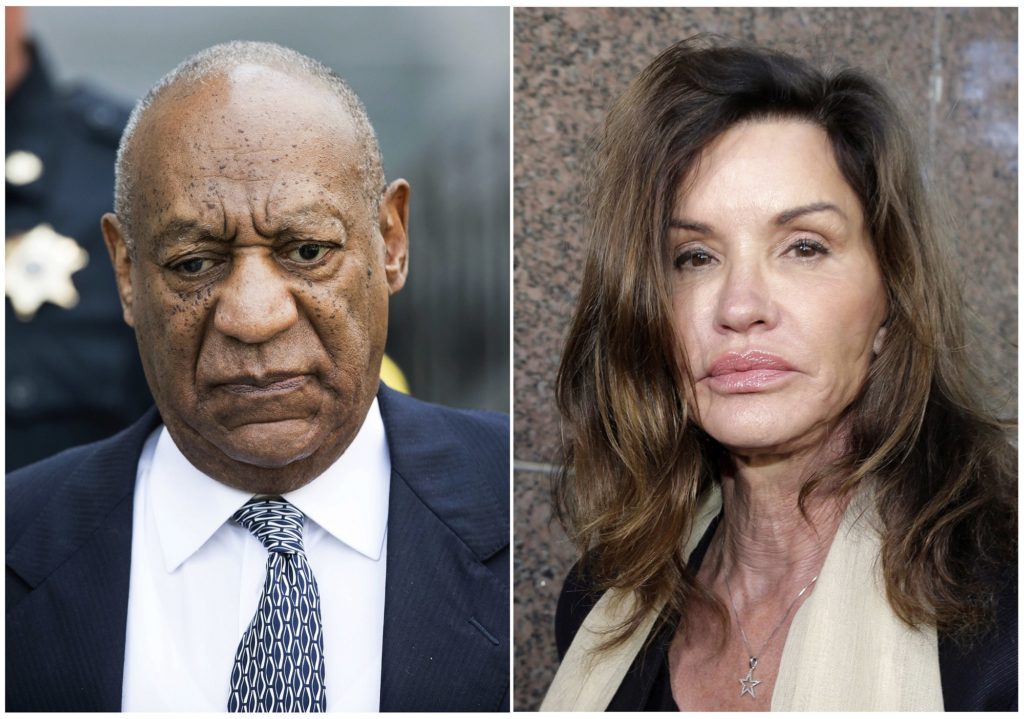 FILE - This combination of file photos shows Bill Cosby leaving Montgomery County Courthouse after a hearing in his sexual assault case in Norristown, Pa., on Aug. 22, 2017, left, and model Janice Dickinson leaving Los Angeles Superior Court after a judge ruled her defamation lawsuit against Bill Cosby on March 29, 2016. Prosecutors have revealed that Dickinson is one of the five additional accusers they plan to have testify at Cosby’s sexual assault retrial. Prosecutors listed Dickinson in a letter informing Judge Steven O’Neill which women they planned to call at Cosby’s April 2, 2018, retrial on charges he drugged and molested a woman in 2004. The letter was made public Wednesday, March 28 as an appeals court rejected Cosby’s bid to challenge O’Neill’s decision allowing the women to testify. (AP Photo, Files)