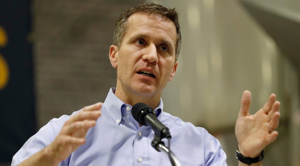 FILE - In this Jan. 29, 2018, file photo, Missouri Gov. Eric Greitens speaks in Palmyra, Mo. Attorneys defending Greitens against an invasion-of-privacy charge are raising doubts about the testimony of a woman with whom he had an affair. In a court filing dated Sunday, April 8, 2018, his attorneys say the woman testified she never saw Greitens with a camera or phone on the day he is accused of taking a partially nude photo of her while she was blindfolded and bound. (AP Photo/Jeff Roberson, File)