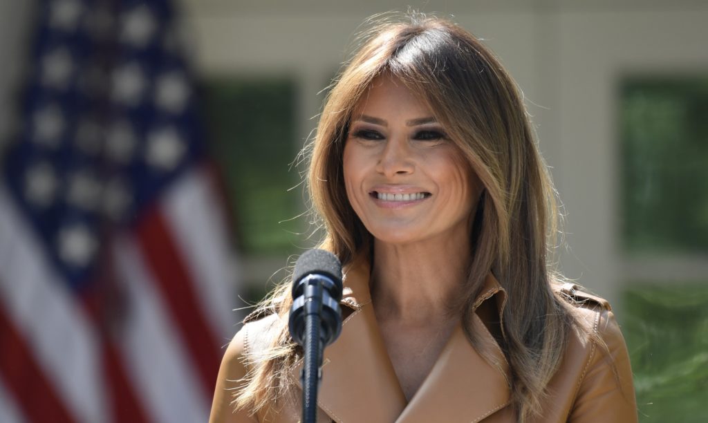 First lady Melania Trump speaks on her initiatives during an event in the Rose Garden of the White House, Monday, May 7, 2018, in Washington. The first lady gave her multipronged effort to promote the well-being of children a minimalist new motto: "BE BEST." The first lady formally launched her long-awaited initiative after more than a year of reading to children, learning about babies born addicted to drugs and hosting a White House conversation on cyberbullying. (AP Photo/Susan Walsh)