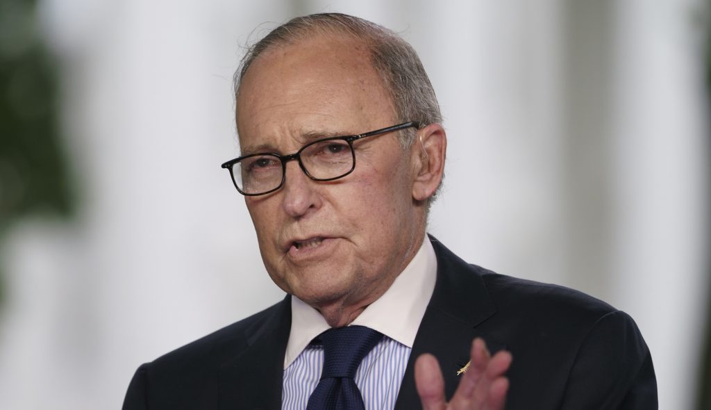 FILE- In this May 18, 2018, file photo, White House chief economic adviser Larry Kudlow speaks during a television interview outside the West Wing of the White House, in Washington. President Donald Trump's top economic adviser says the president now prefers to negotiate separately with Canada and Mexico over their three-country trade deal. Still, Kudlow told "Fox & Friends" that Trump isn't going to withdraw the U.S. from the North American Free Trade Agreement. (AP Photo/Carolyn Kaster, File)
