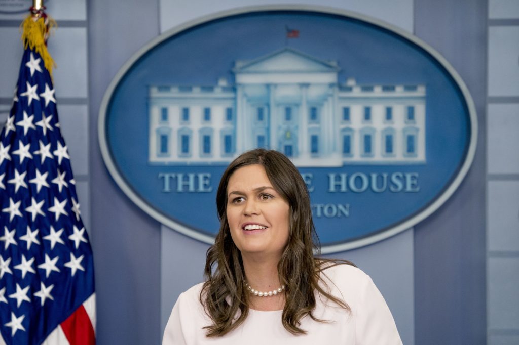 White House press secretary Sarah Huckabee Sanders smiles while speaking to the media during the daily press briefing at the White House, Monday, June 4, 2018, in Washington. Sanders discussed, Trump's pardon powers, EPA Administrator Scott Pruitt, and other topics. (AP Photo/Andrew Harnik)