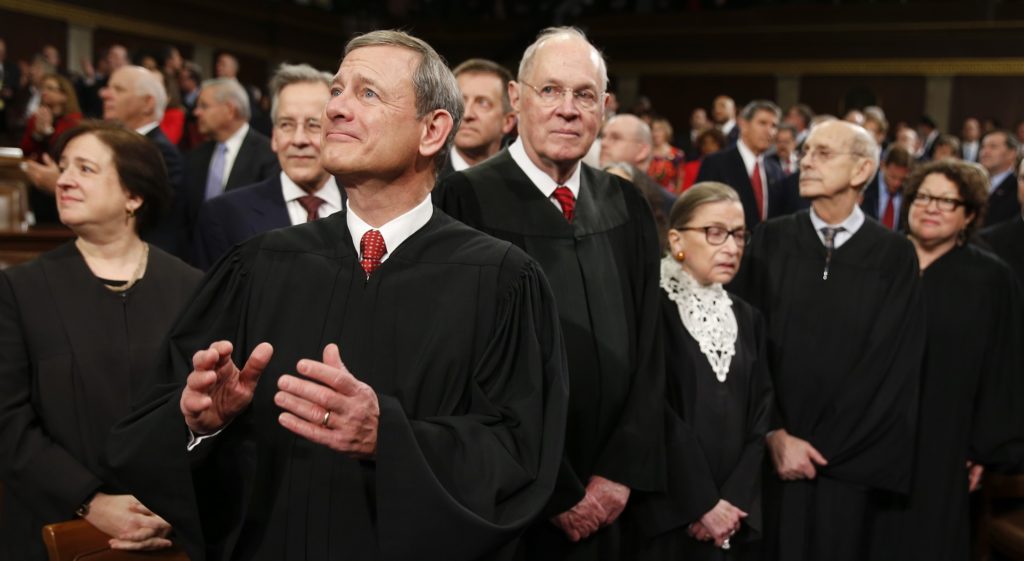 Supreme Court Justice Elena Kagan, from left, Chief Justice John Roberts, Justice Anthony Kennedy, Justice Ruth Bader Ginsburg, Justice Stephen Breyer, and Justice Sonia Sotomayor arrive before President Barack Obama delivers the State of the Union address to a joint session of Congress on Capitol Hill in Washington, Tuesday, Jan. 12, 2016. (AP Photo/Evan Vucci)