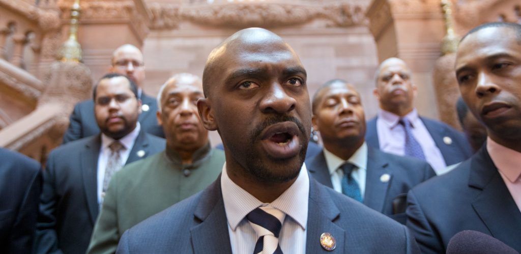 Assemblyman Michael Blake, D-Bronx, speaks about criminal justice reforms during a news conference at the Capitol on Wednesday, April 29, 2015, in Albany, N.Y. Two dozen black and Hispanic state legislators are promising to press for New York criminal justice reforms, citing recent police killings of unarmed young men in Baltimore, New York City and other parts of the U.S. (AP Photo/Mike Groll)