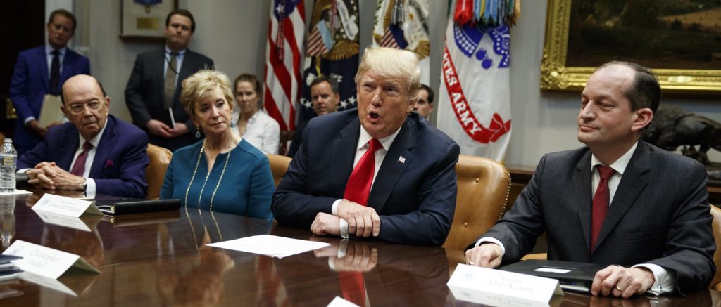 President Donald Trump speaks during a meeting of the President's National Council of the American Worker in the Roosevelt Room of the White House, Monday, Sept. 17, 2018, in Washington, as from left, Secretary of Commerce Wilbur Ross, Small Business Administration administrator Linda McMahon and Secretary of Labor Alex Acosta listen.(AP Photo/Evan Vucci)