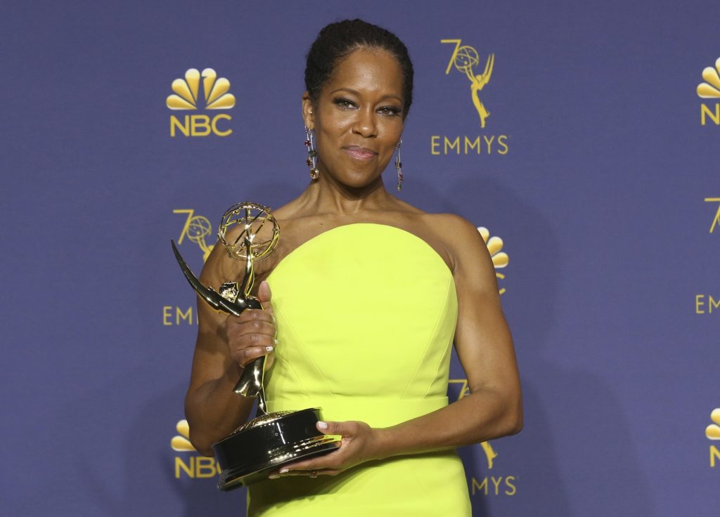 IMAGE DISTRIBUTED FOR THE TELEVISION ACADEMY - Regina King poses in the press room with the award for outstanding lead actress in a limited series, movie or dramatic special for "Seven Seconds" at the 70th Primetime Emmy Awards on Monday, Sept. 17, 2018, at the Microsoft Theater in Los Angeles. (Photo by Willy Sanjuan/Invision for the Television Academy/AP Images)
