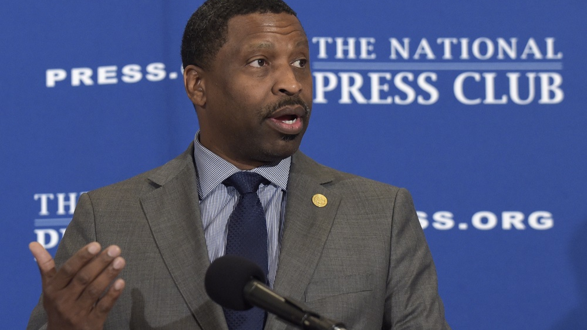 NAACP President Derrick Johnson speaks at a National Press Club (NPC) Headliners luncheon in Washington, Tuesday, Aug. 29, 2017, to discuss the future of the NAACP and their recently-issued travel advisory for Missouri. (AP Photo/Susan Walsh)