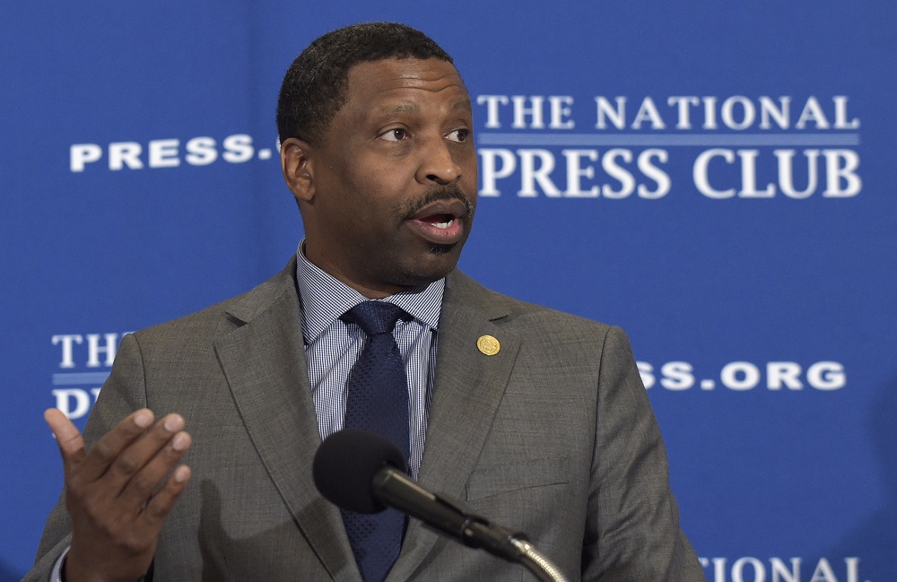 NAACP President Derrick Johnson speaks at a National Press Club (NPC) Headliners luncheon in Washington, Tuesday, Aug. 29, 2017, to discuss the future of the NAACP and their recently-issued travel advisory for Missouri. (AP Photo/Susan Walsh)