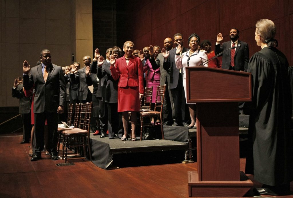 Judge Judith W. Rogers, right, from the U.S. Court of Appeals of the District of Columbia, administers the Ceremonial Oath of Office to Members of the Congressional Black Caucus in a ceremony at the Capitol Visitors Center in Washington, Tuesday, Jan. 6, 2009, prior to the start of the opening of the 111th Congress. (AP Photo/Pablo Martinez Monsivais)